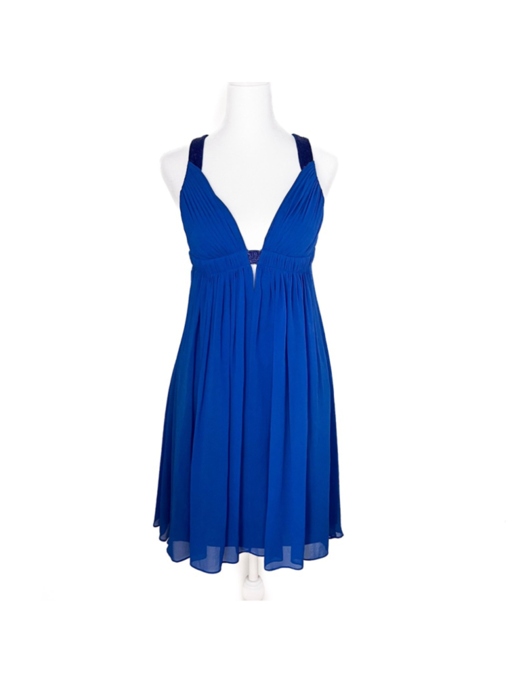 Vintage CACHE Cobalt Blue 100% Silk Beaded Halter Mini Dress Y2K Babydoll Size 4